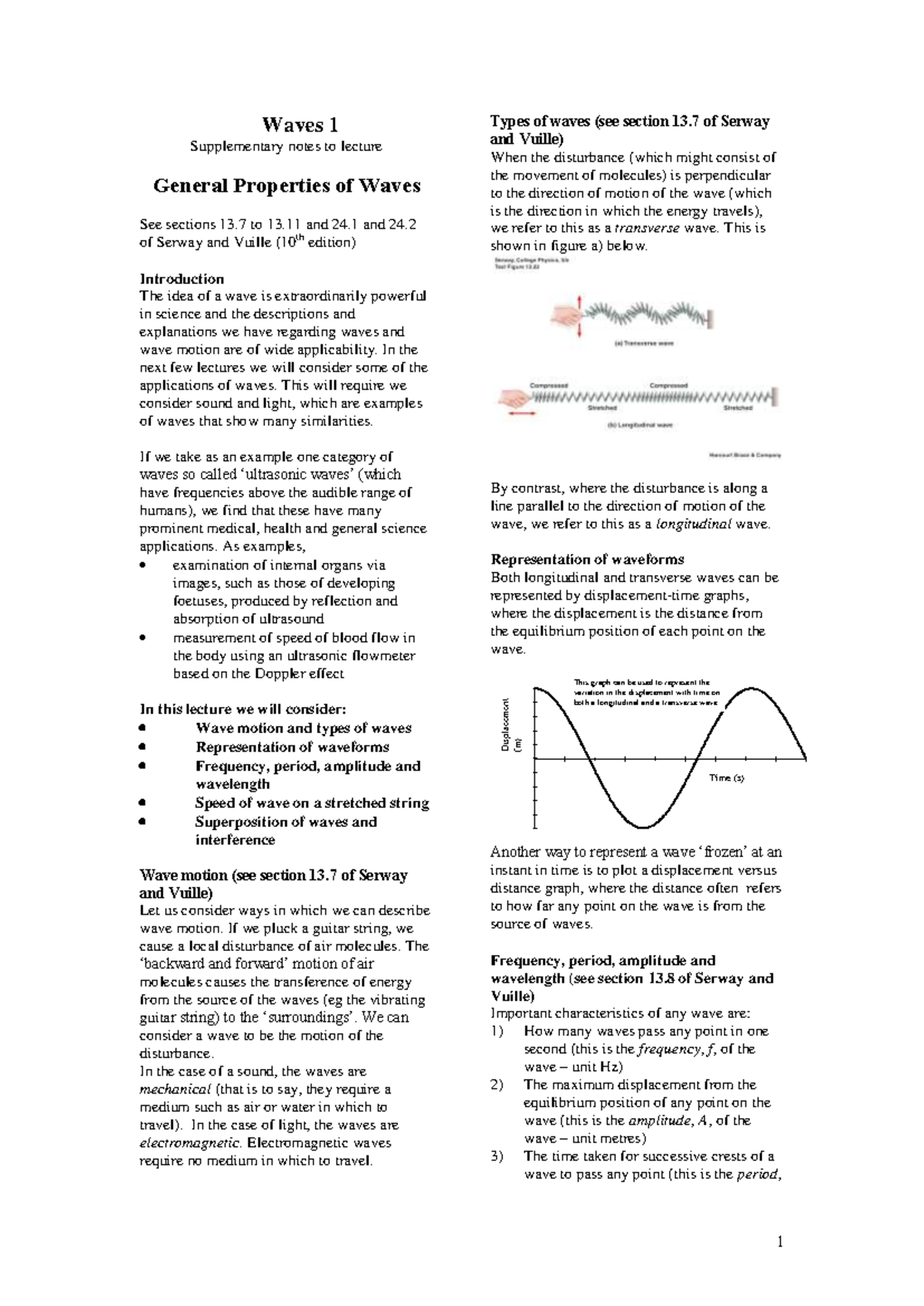 Waves 1 Waves 1 Supplementary notes to lecture General Properties of