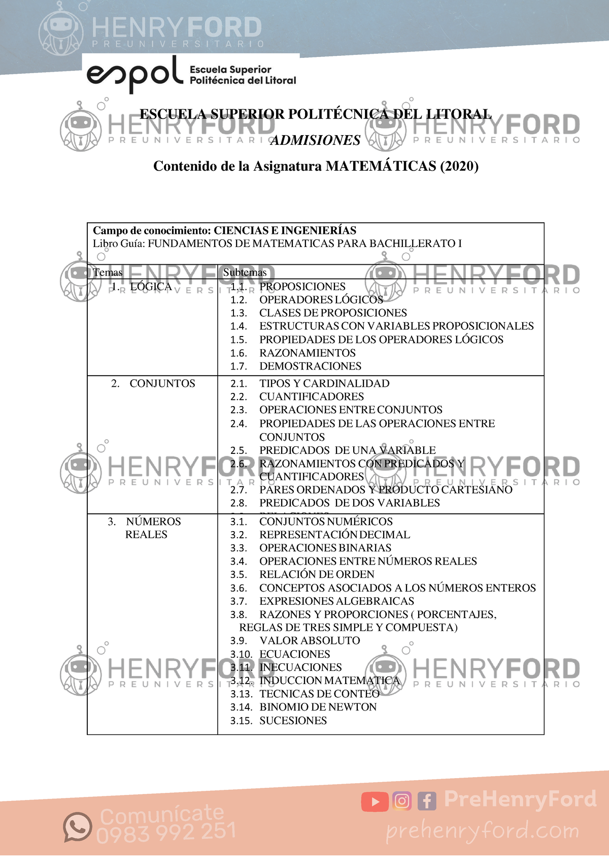 Espol Temarios Admision 2022-2023 Conocimientos - ####### P R E U N I V ...