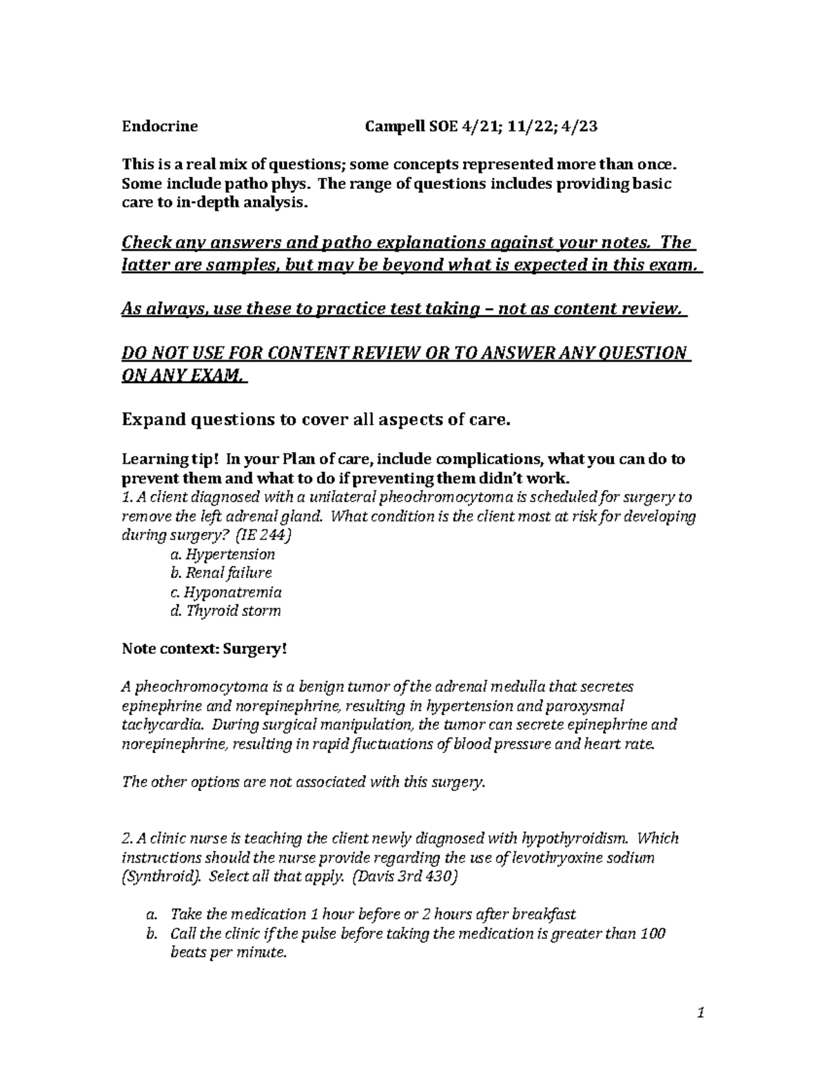 Endocrine practice questions - Endocrine Campell SOE 4/21; 11/22; 4 ...