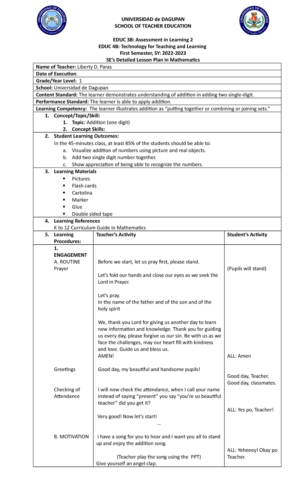 Detailed-lesson-plan - SCHOOL OF TEACHER EDUCATION EDUC 3B: Assessment ...