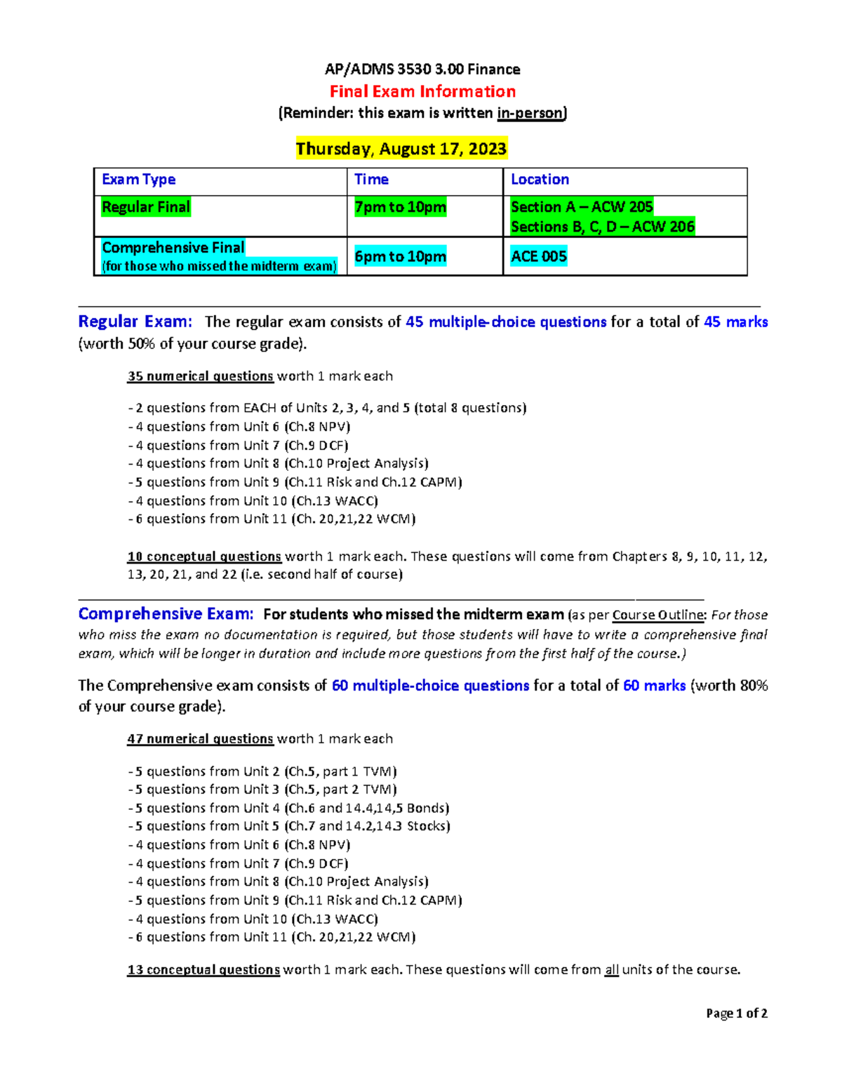 ADMS3530 Final Exam Information SU23 (updated July 28) ADMS 3530 Yorku Studocu