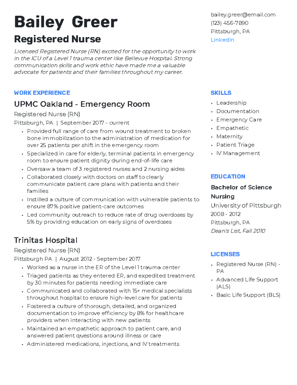 Registered nurse resume example - Bailey Greer Registered Nurse ...