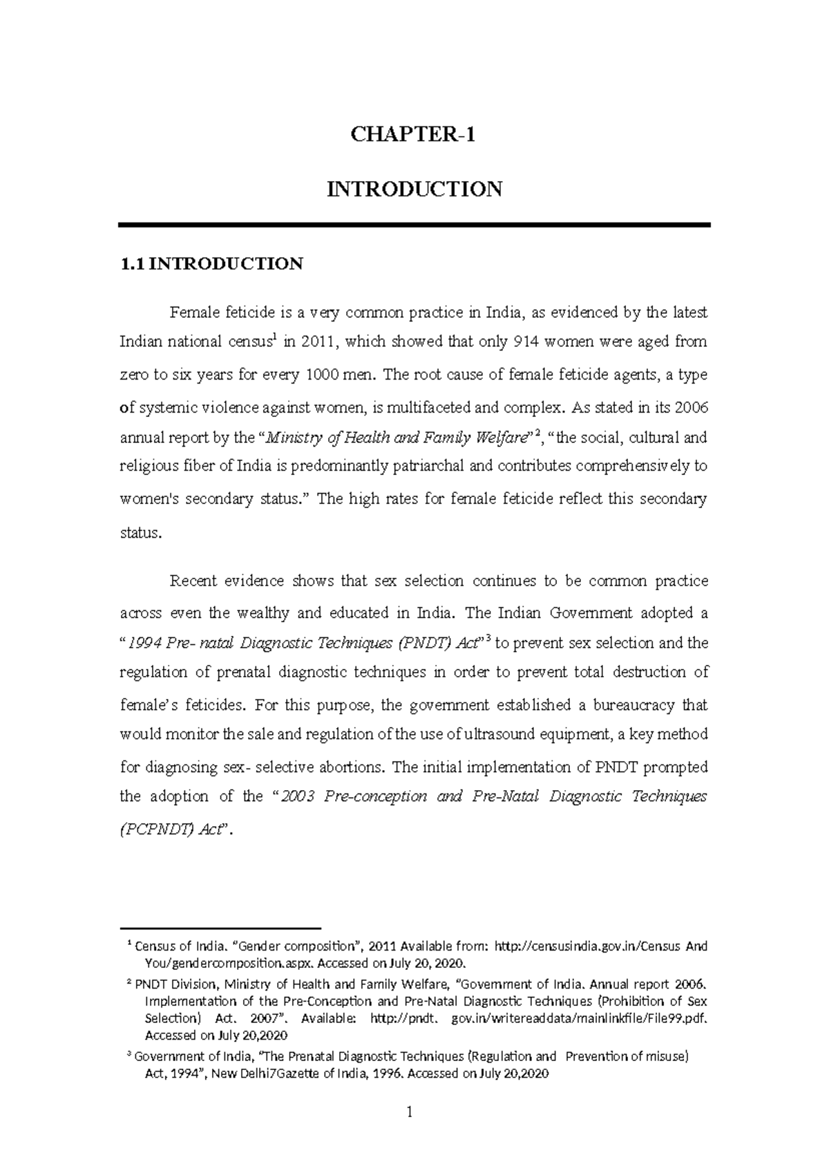 10 chapter 1 - CHAPTER- 1 INTRODUCTION 1 INTRODUCTION Female feticide ...