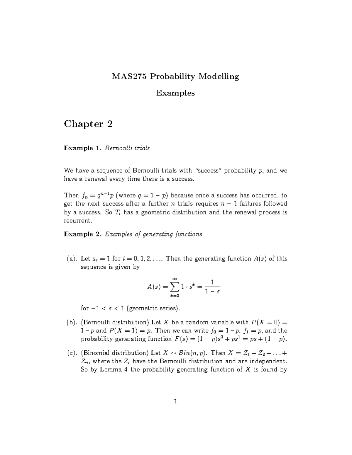 Chapter 2 Examples - MAS275 Probability Modelling Examples Chapter 2 ...