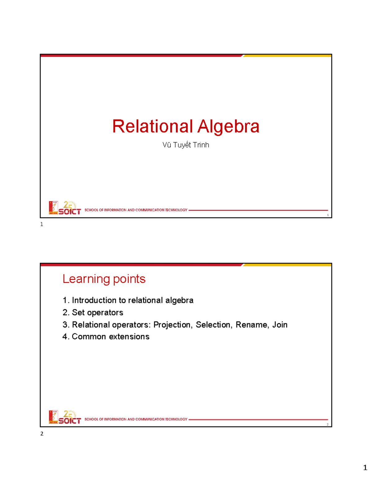 Slides 4 algebra - database - Relational Algebra Vũ Tuyết Trinh 1 ...