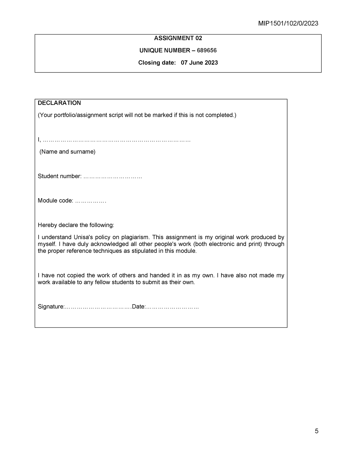 2023 Assignment 2 MIP1501 - MIP1501/102/0/ 5 ASSIGNMENT 02 UNIQUE ...