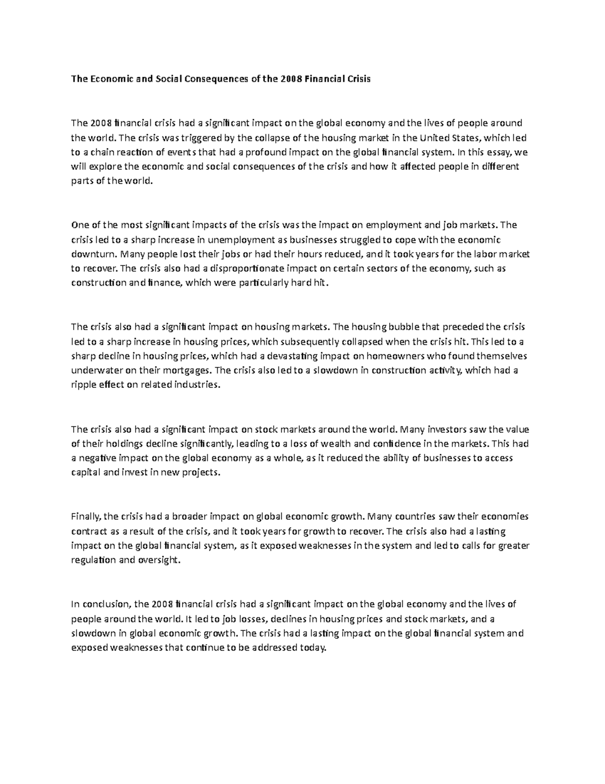 The Economic and Social Consequences of the 2008 Financial Crisis - The ...