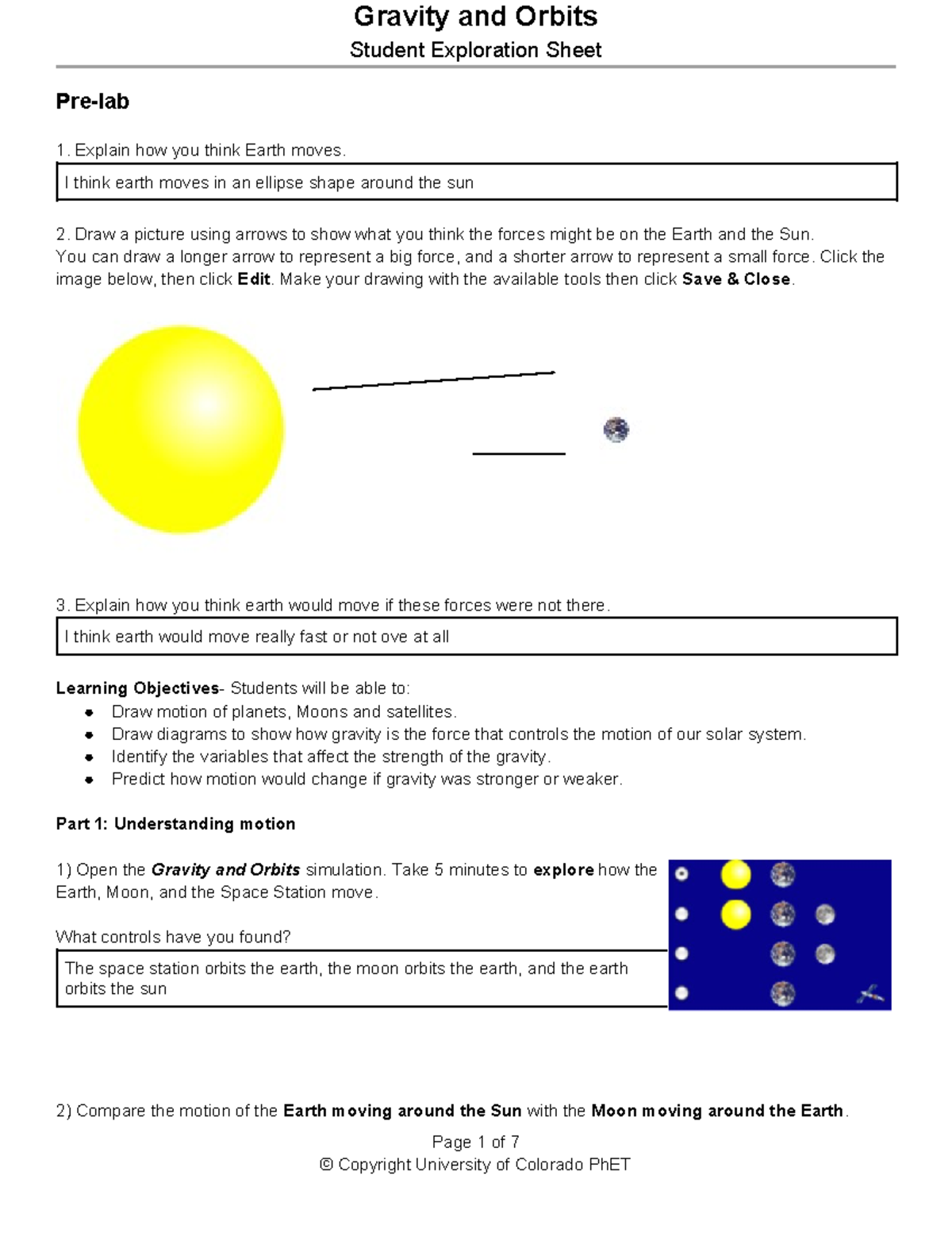 Copy of Gravity and Orbits Student Exploration Sheet Prelab Explain