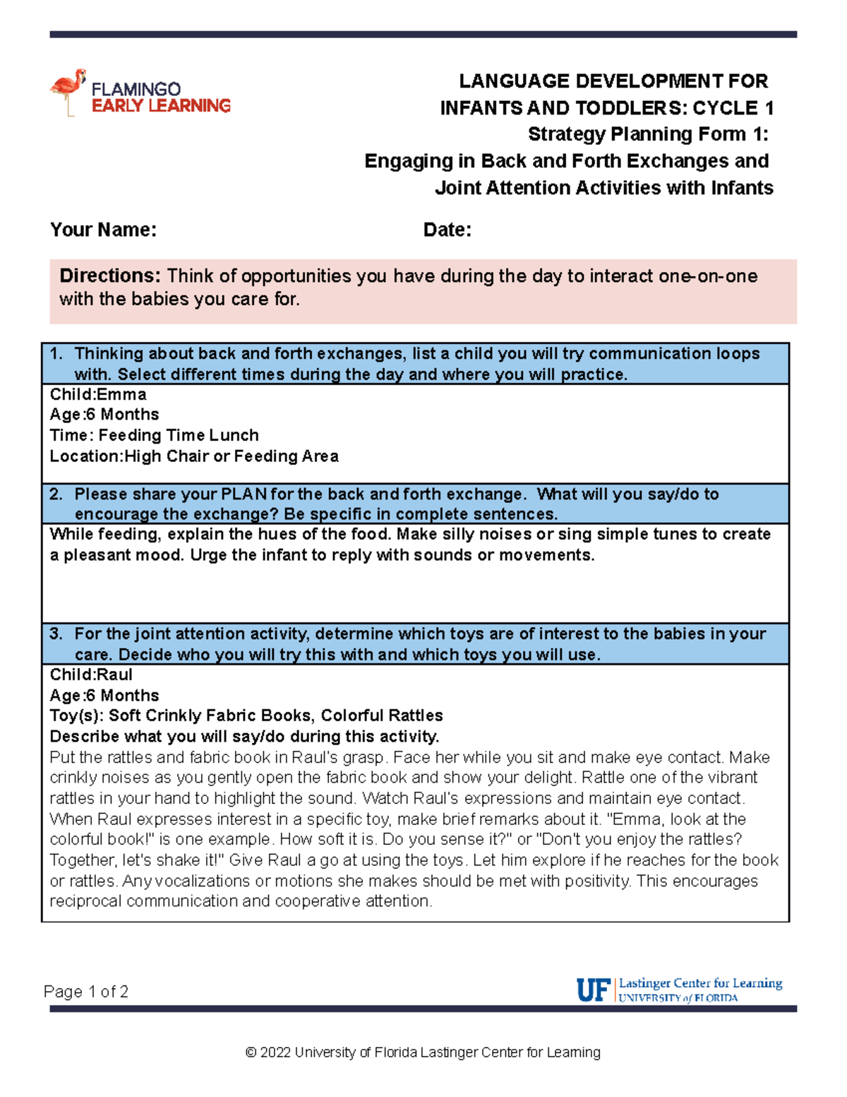 Strategy Planning Form Thinking about back and forth exchanges, list