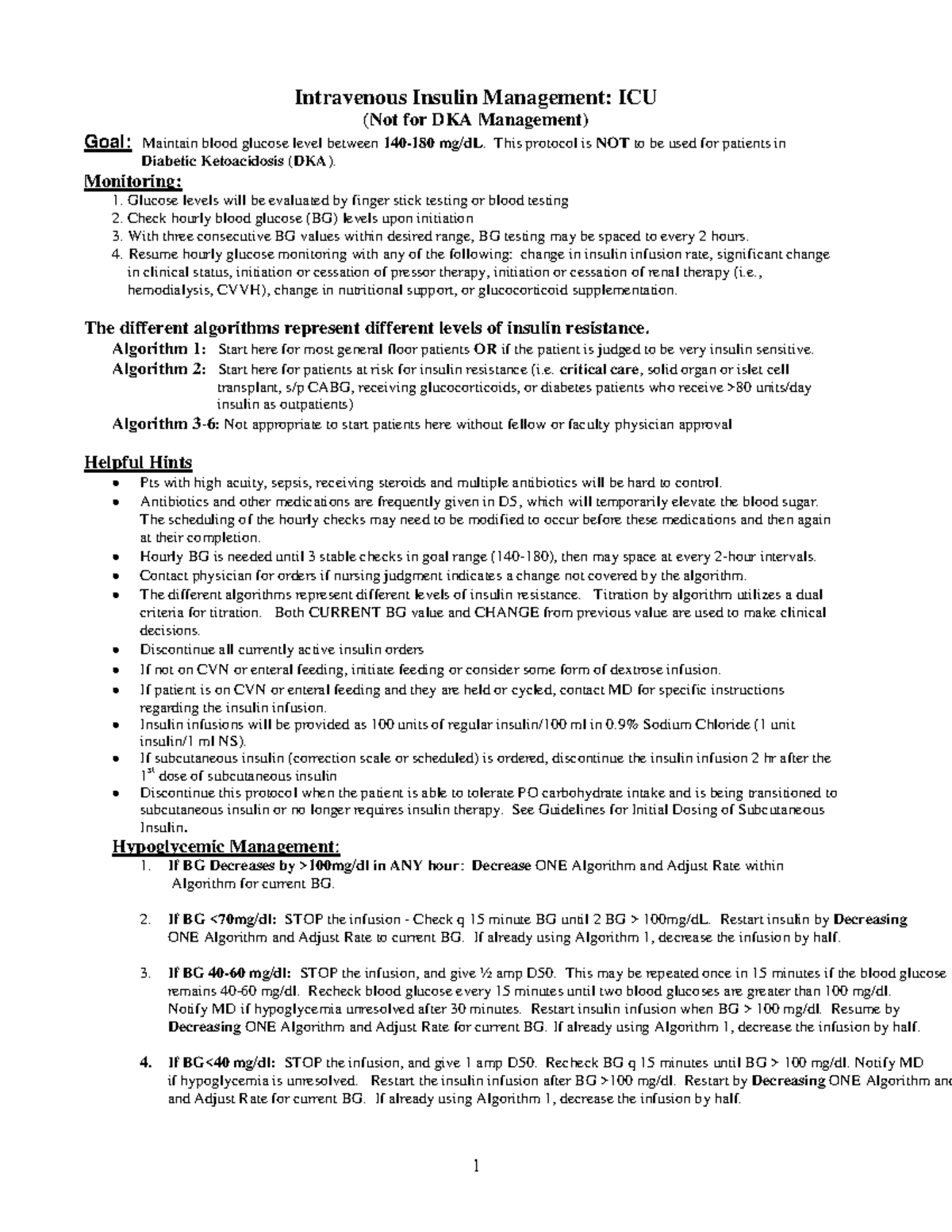 IV Insulin Management 1 Intravenous Insulin Management ICU (Not for