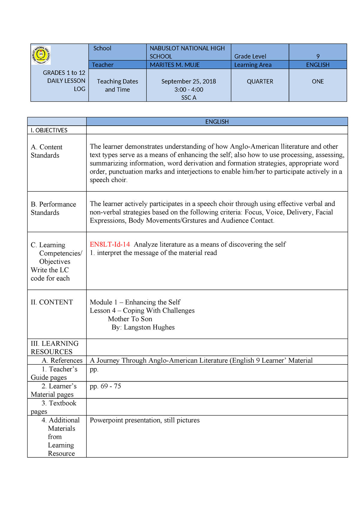 Mother 1 - lesson plan - GRADES 1 to 12 DAILY LESSON LOG School ...