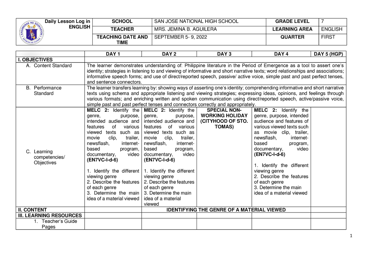 Q1 Week 2 English 7 Identifying THE Genre OF Material Viewed - DAY 1 ...