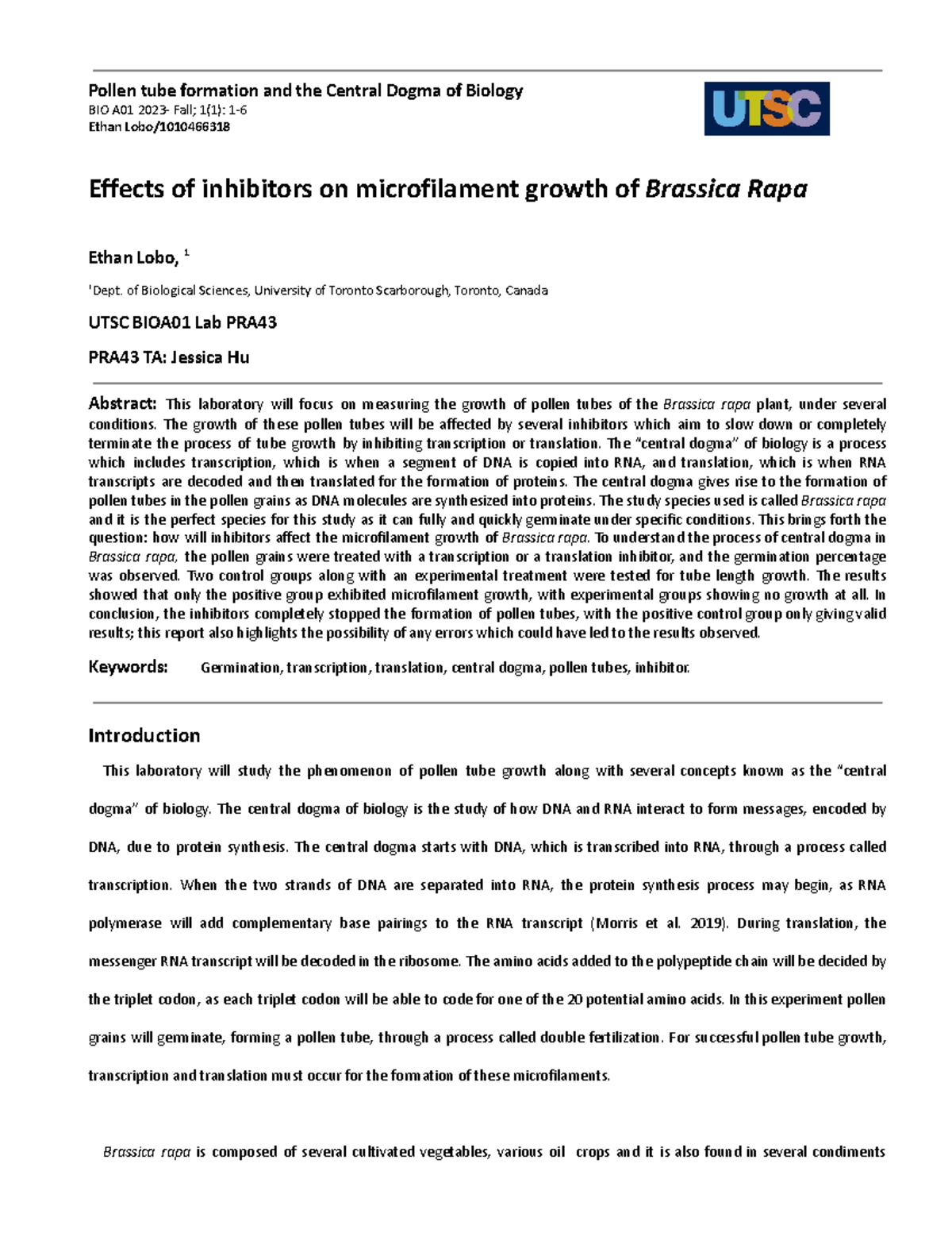 BIOA01 Formal Lab Report Template F2023 - Pollen tube formation and the ...