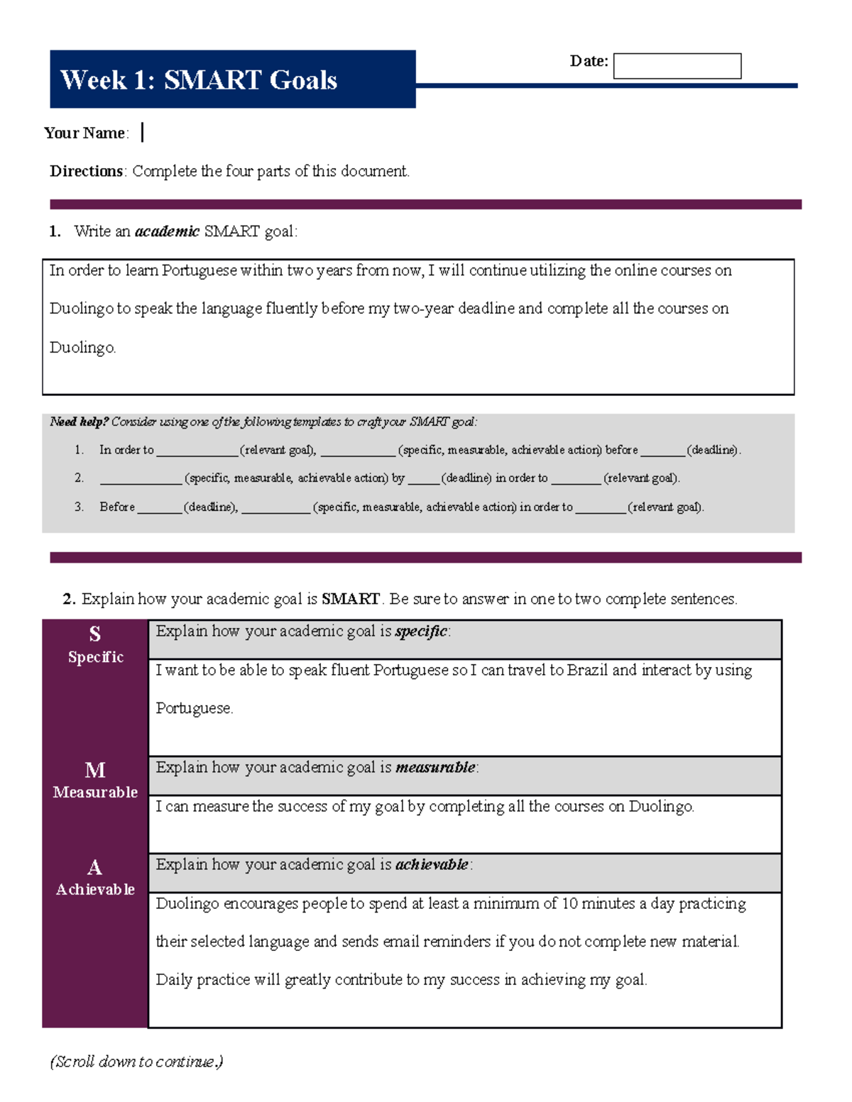 Week 1 Smart Goals First assignment Checked With Book and Chegg - Date ...
