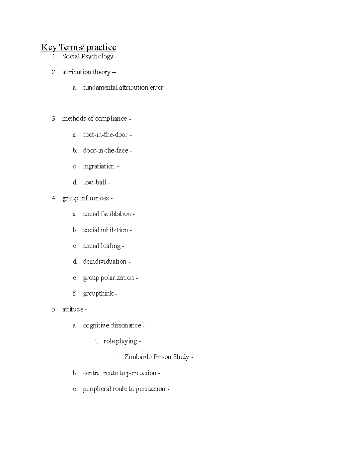 Social psychology unit practice Key Terms/ practice Social Psychology