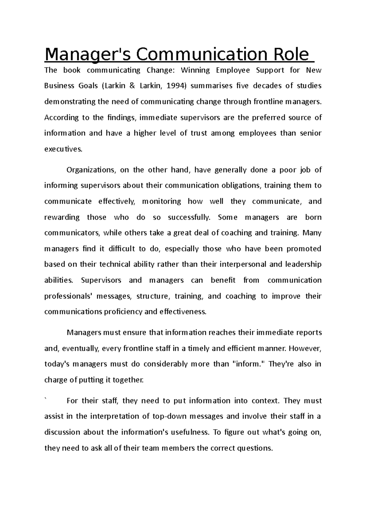 Manager's Communication Role - According to the findings, immediate ...