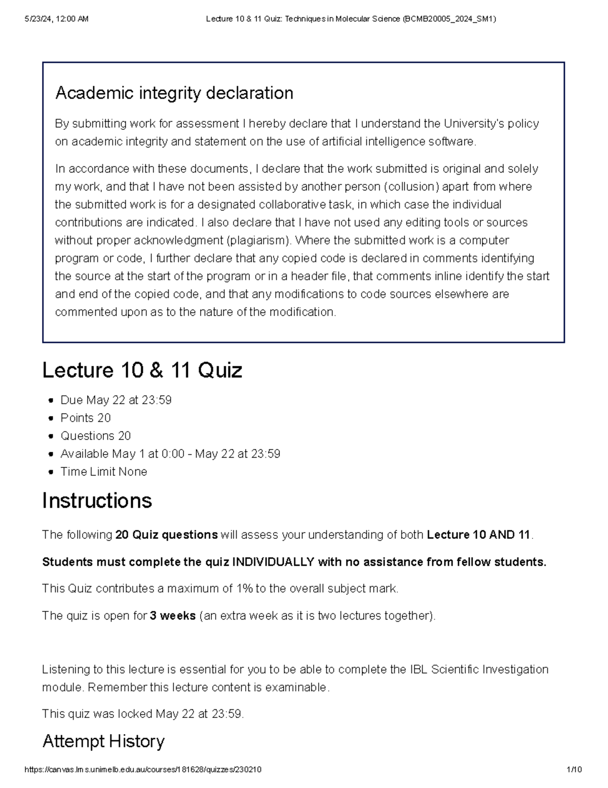 Lecture 10 & 11 Quiz Techniques in Molecular Science (BCMB2000 5 2024 ...