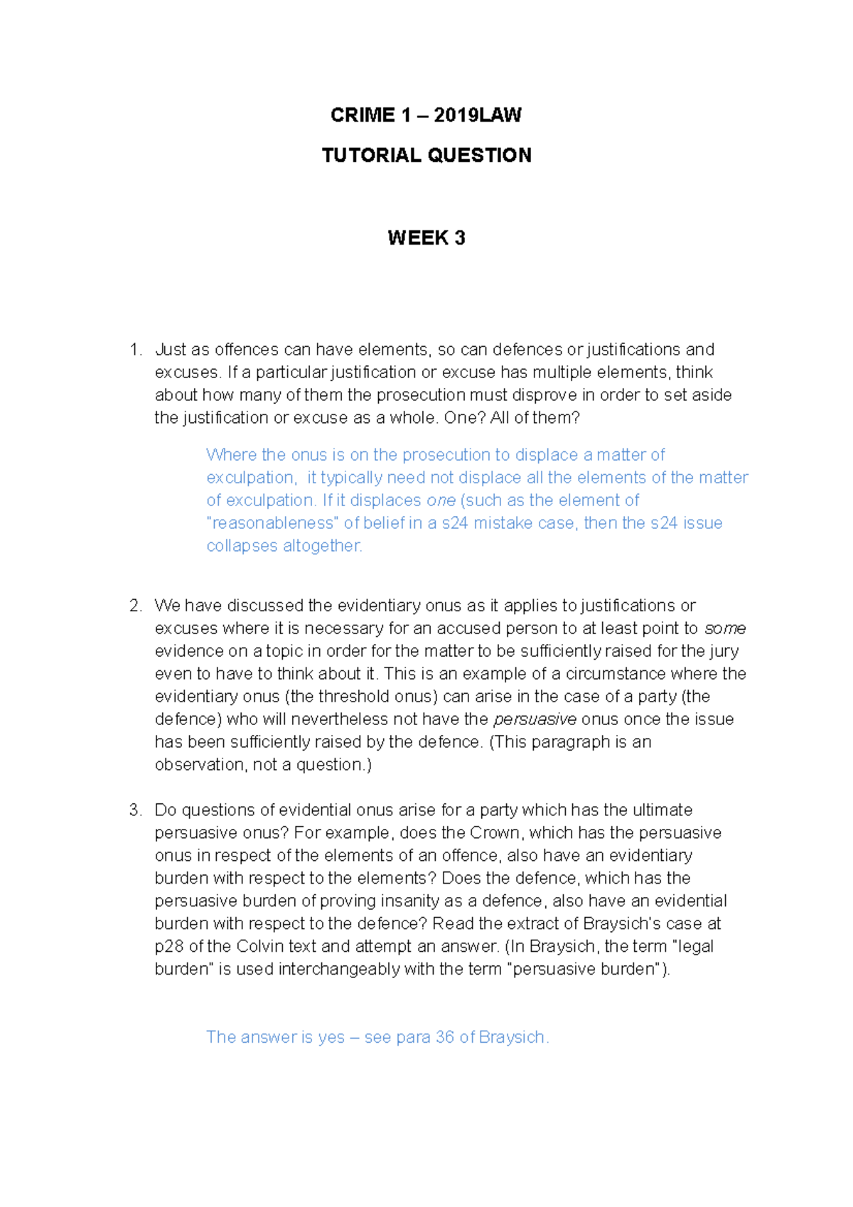 Week 3 with answers (1)(1) - CRIME 1 – 2019LAW TUTORIAL QUESTION WEEK 3 ...