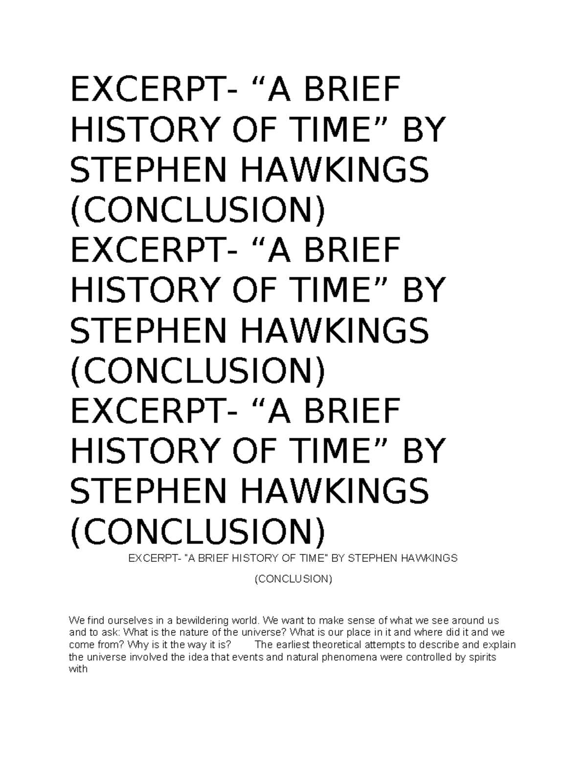Excerpt Stephen Hawking - EXCERPT- “A BRIEF HISTORY OF TIME” BY STEPHEN ...