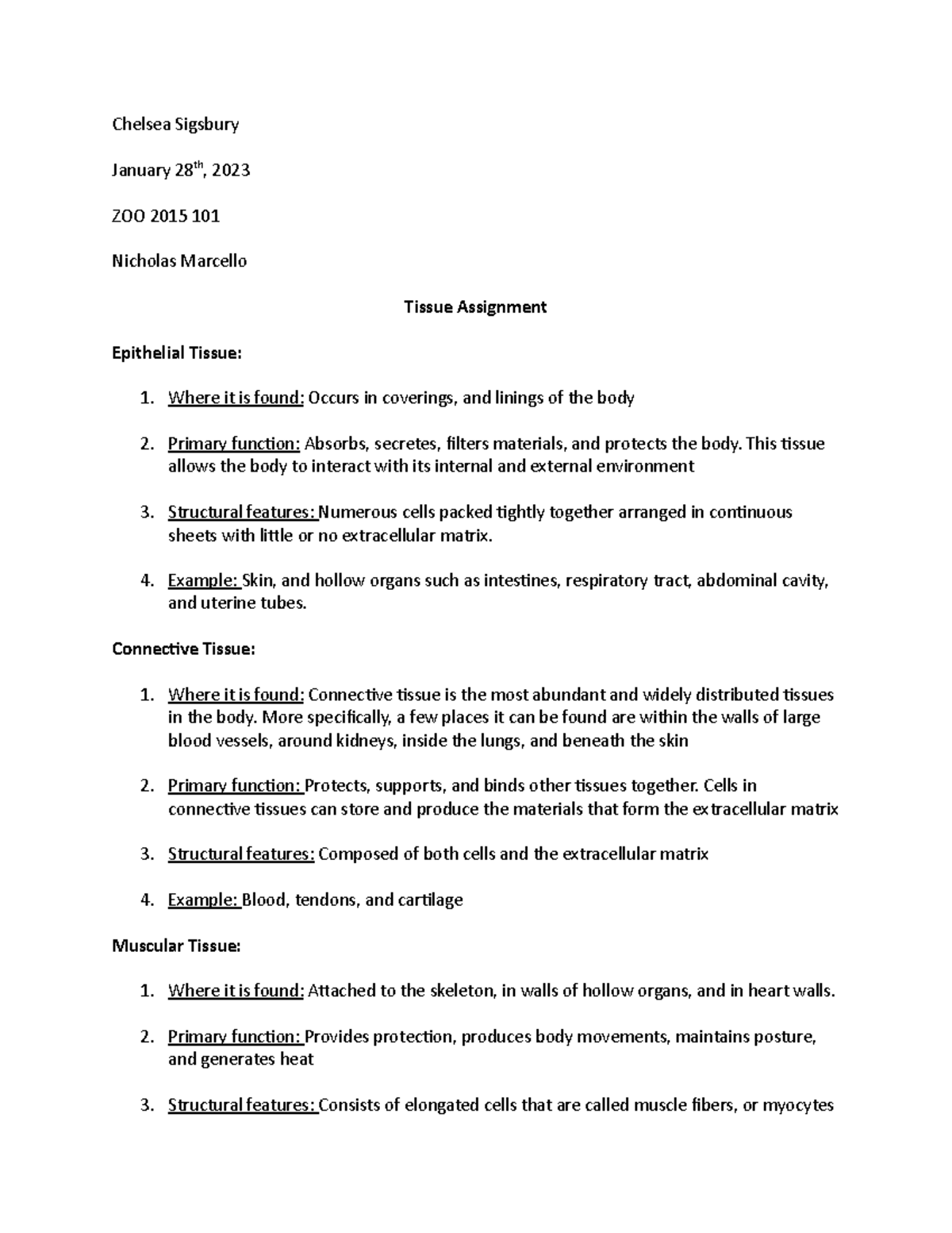 Tissue Assignment - Chelsea Sigsbury January 28th, 2023 ZOO 2015 101 ...
