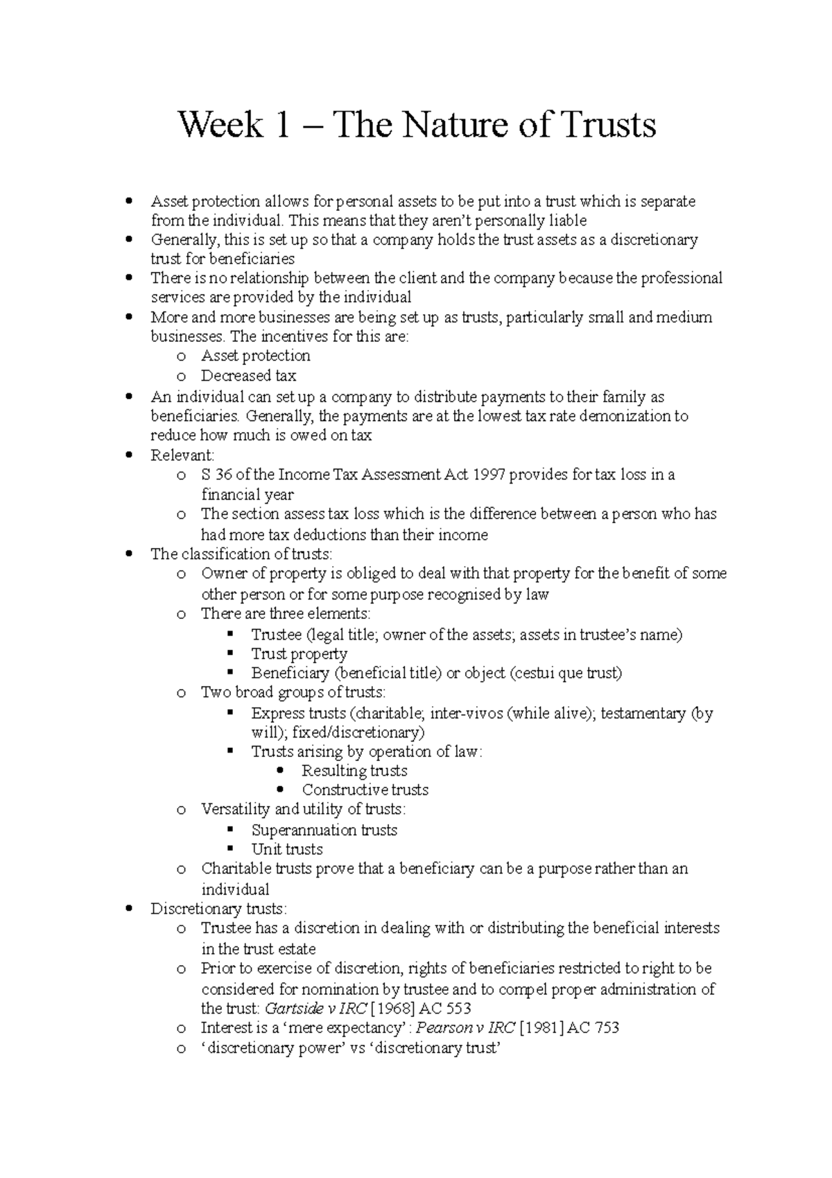 Exam notes - Week 1 – The Nature of Trusts Asset protection allows for ...