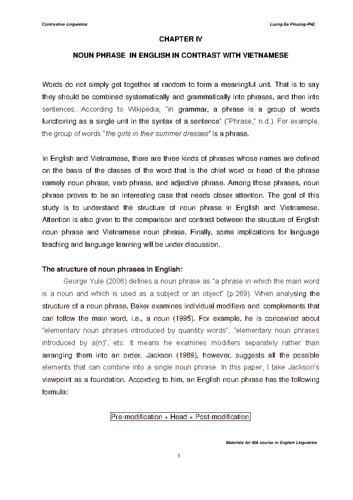 4. Chapter IV-Noun Phrase in E&V - Materials for MA course in English ...