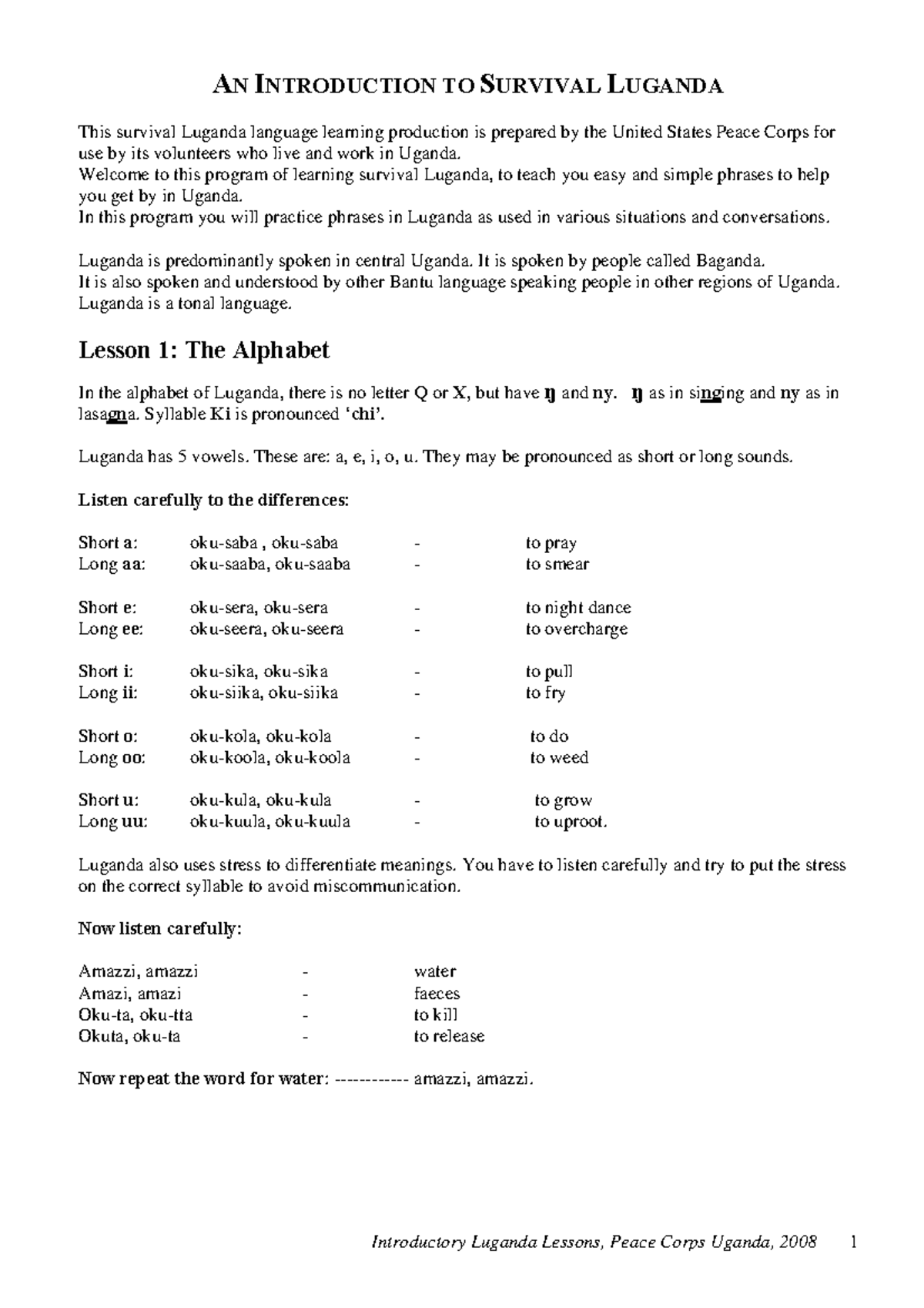 UG Luganda Language Lessons AN INTRODUCTION TO SURVIVAL LUGANDA This survival Luganda language