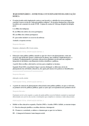 Questionário I – Estrutura E Funcionamento DA Educação Básica ...