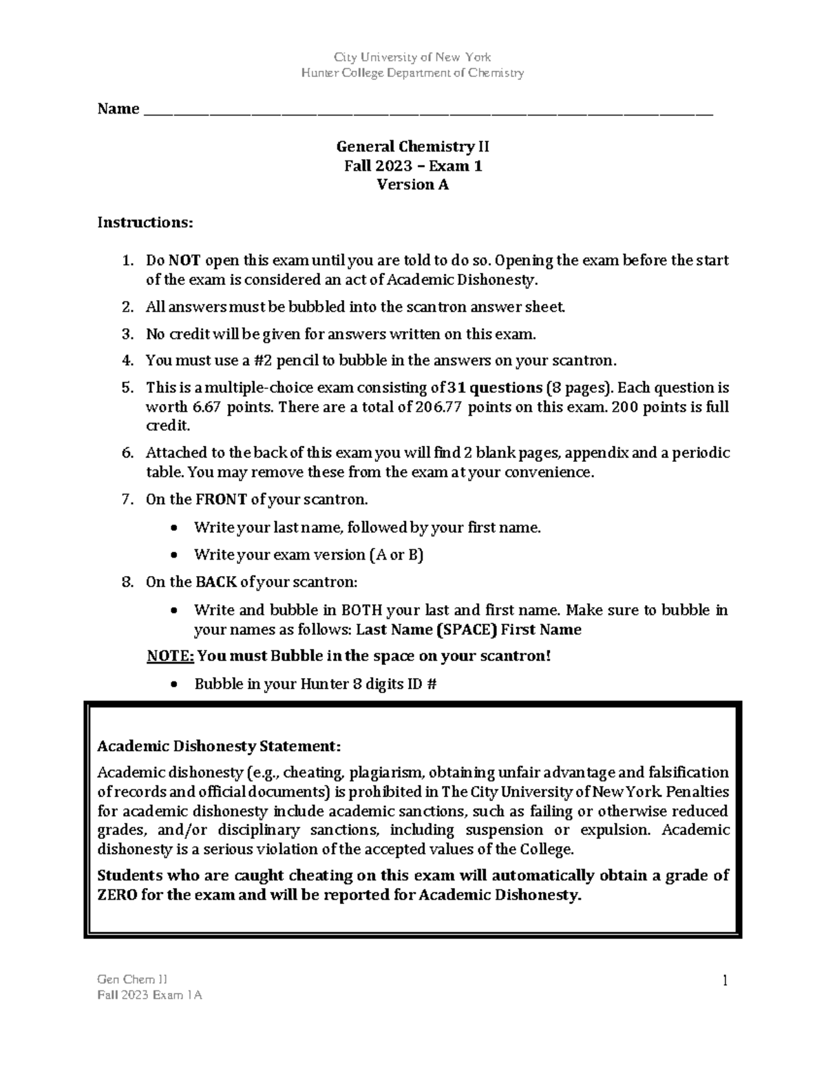 Fall 2023 Exam 1 - Version A - Hunter College Department of Chemistry ...