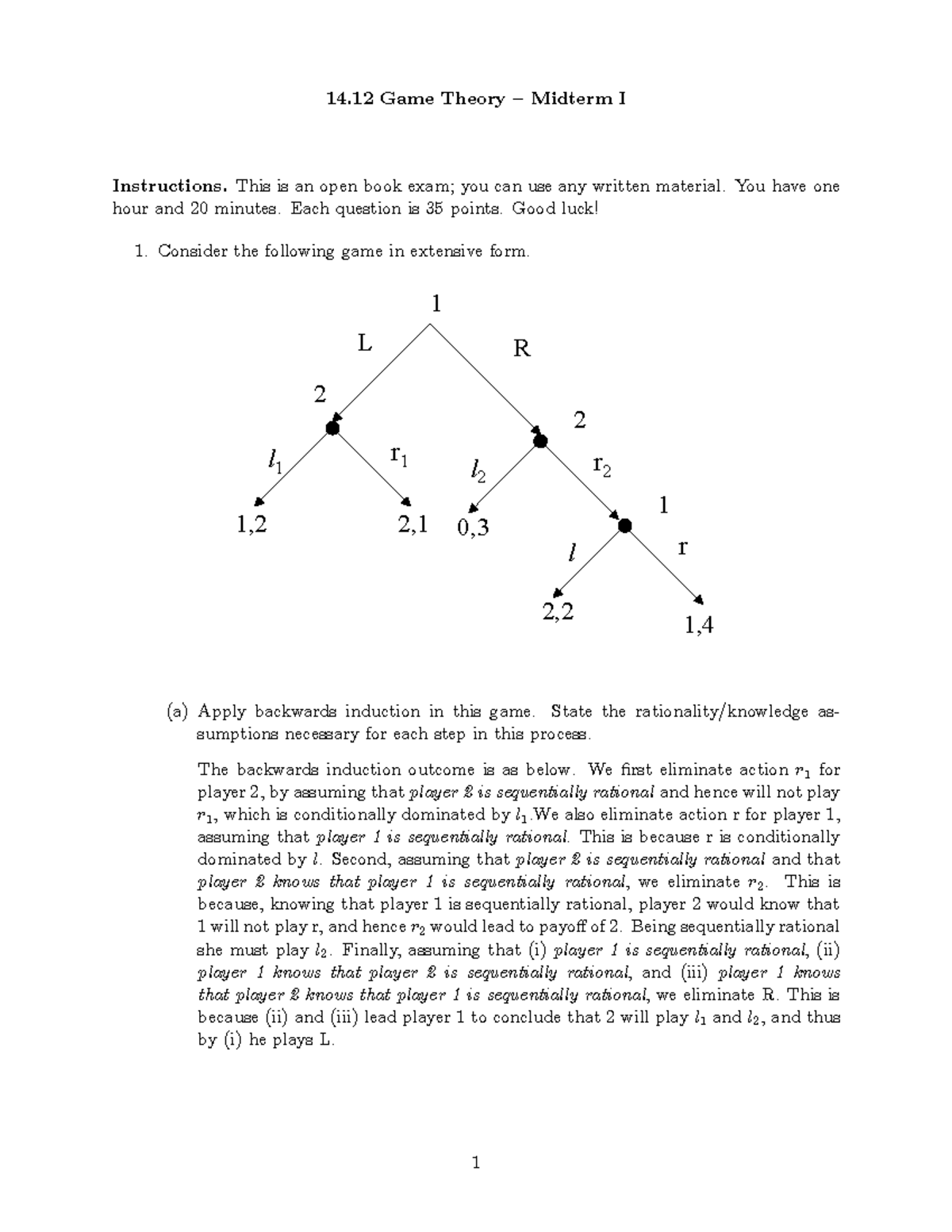 02f m1 a - Bsbhs - 14 Game Theory — Midterm I Instructions. This is an ...