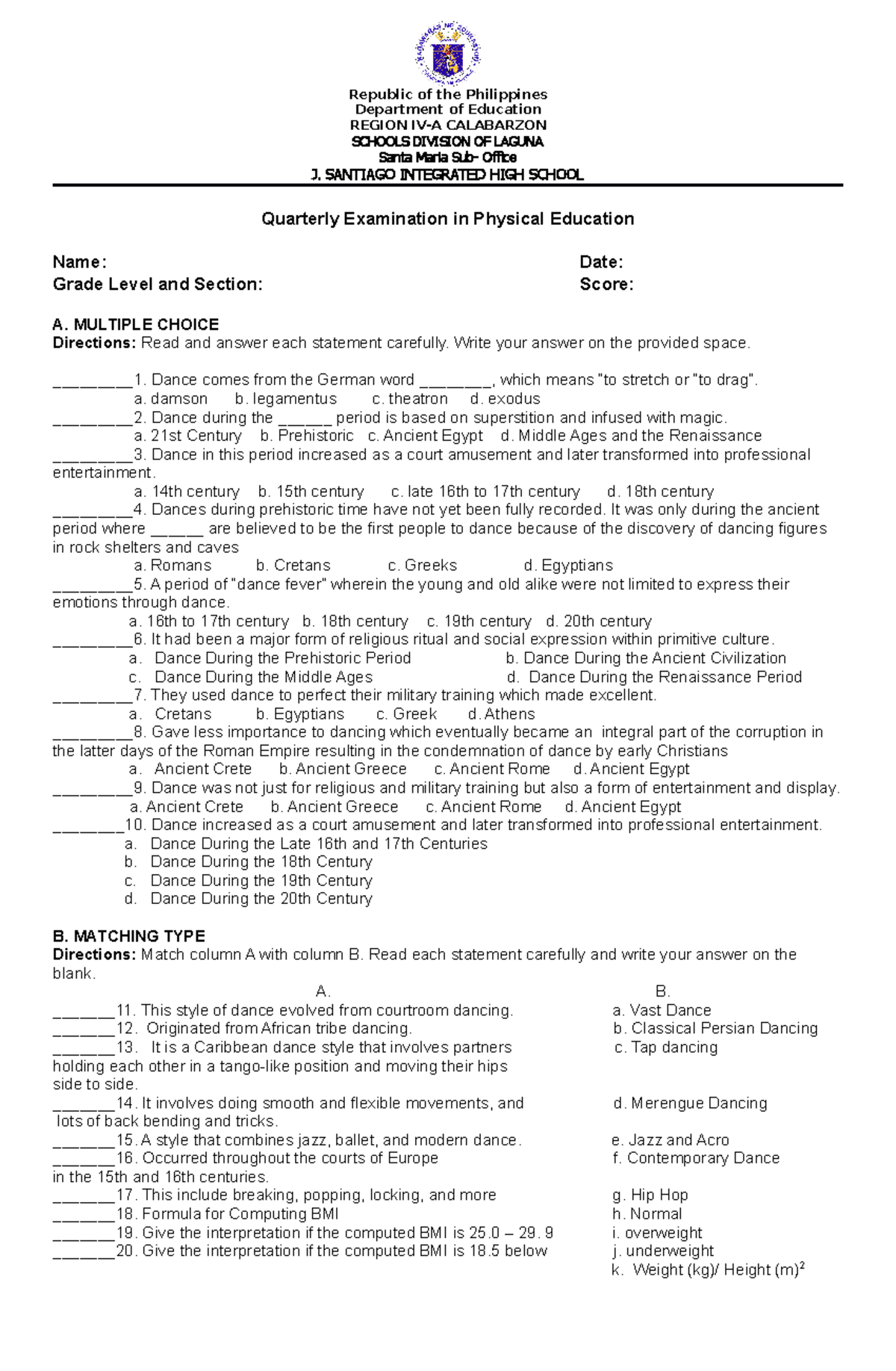 Quarterly Examination IN PE - Republic Of The Philippines Department Of ...