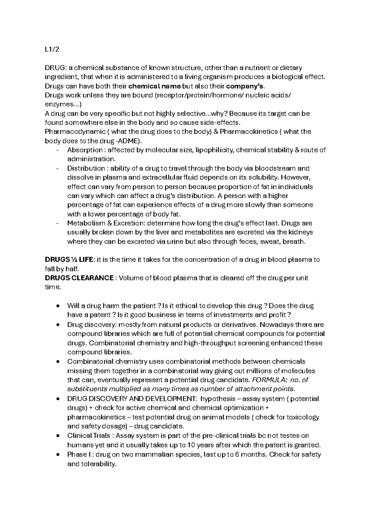 Pharmacology lecture notes - L1/ DRUG: a chemical substance of known ...