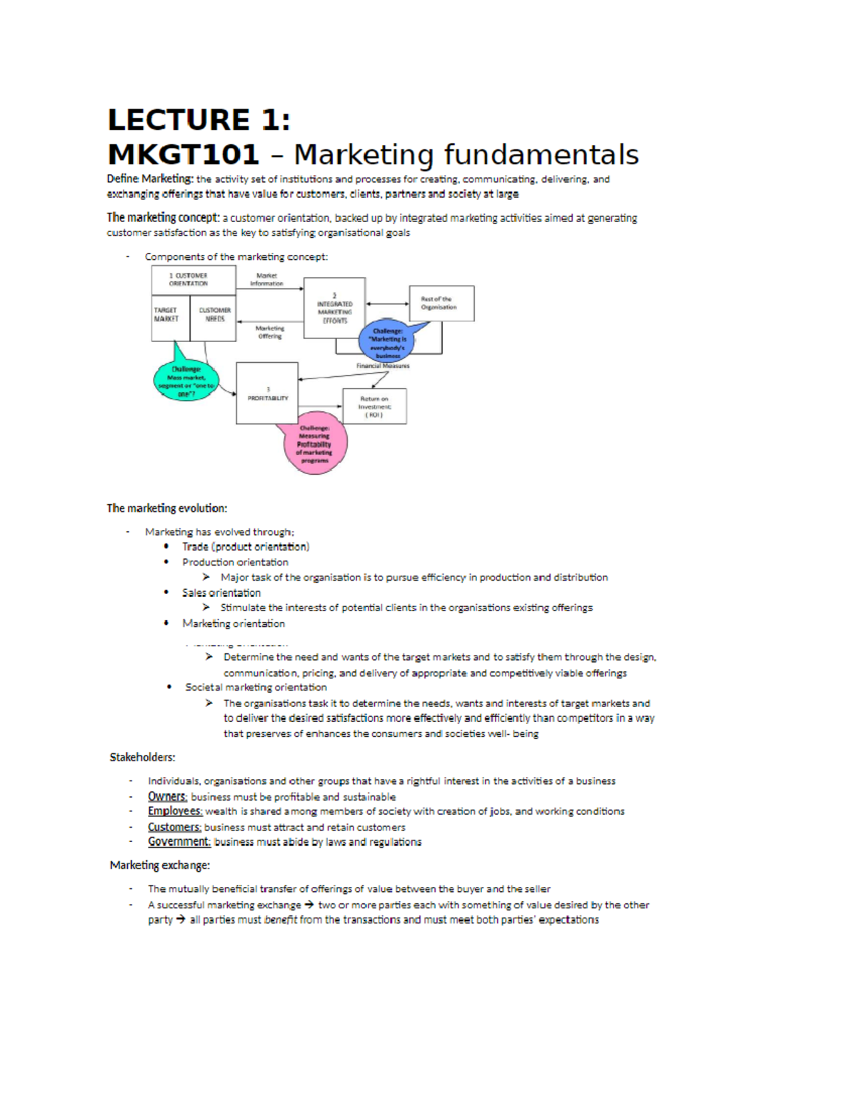 MKTG101 lecture 1-6 notes - LECTURE 1: MKGT101 Marketing fundamentals ...