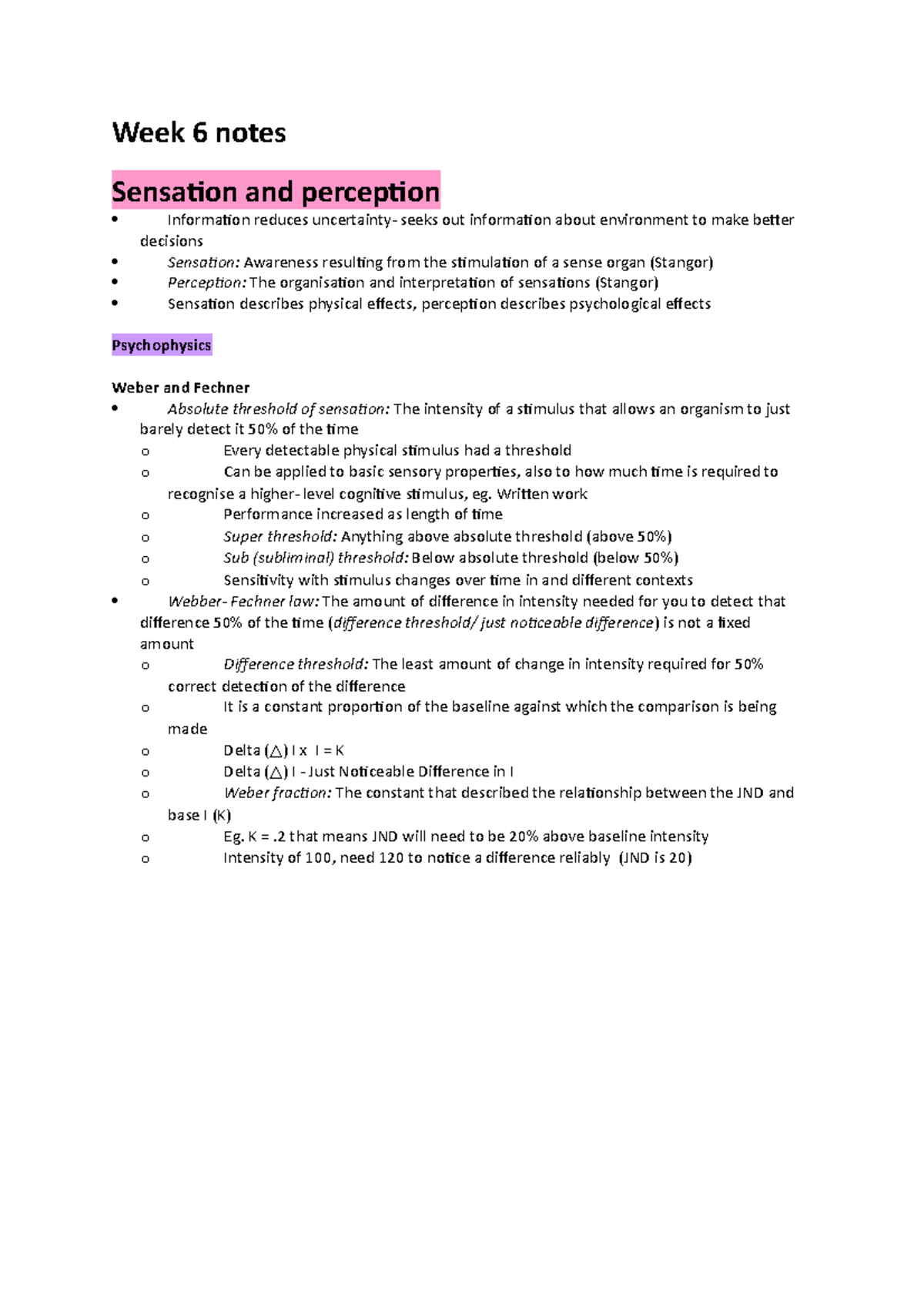 Psych A Week 6 - Lecture notes 6 - Week 6 notes Sensation and ...