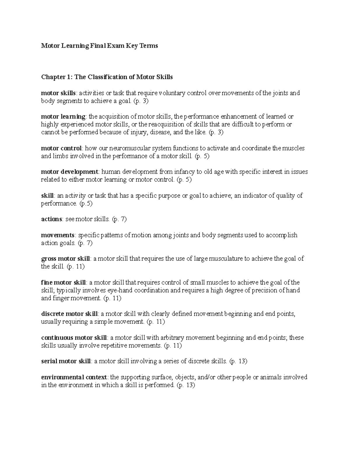 Motor Learning Final Exam Key Terms Motor Learning Final Exam Key Terms Chapter 1 The Studocu
