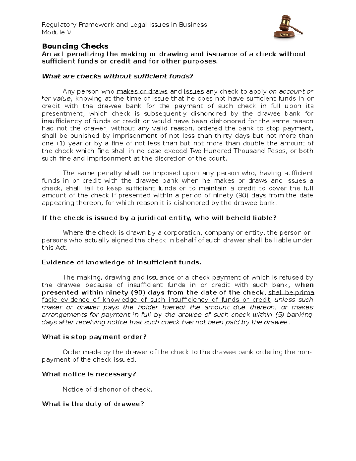 Module 5 - :d - Module V Bouncing Checks An act penalizing the making ...