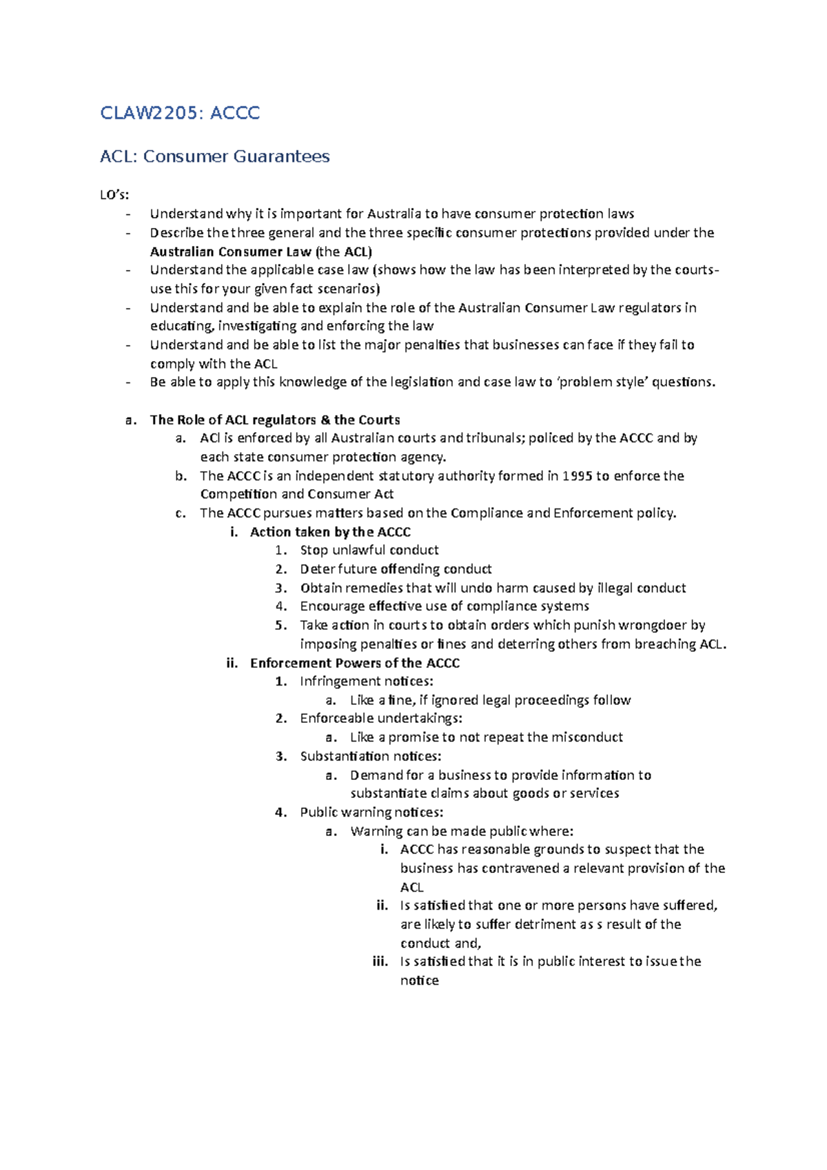 CLAW2205 - Lecture Notes - CLAW2205: ACCC ACL: Consumer Guarantees LO’s ...