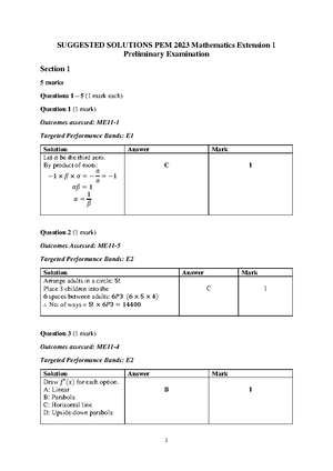 PEM 2022 Mathematics Extension 1 Preliminary Examination Paper ...
