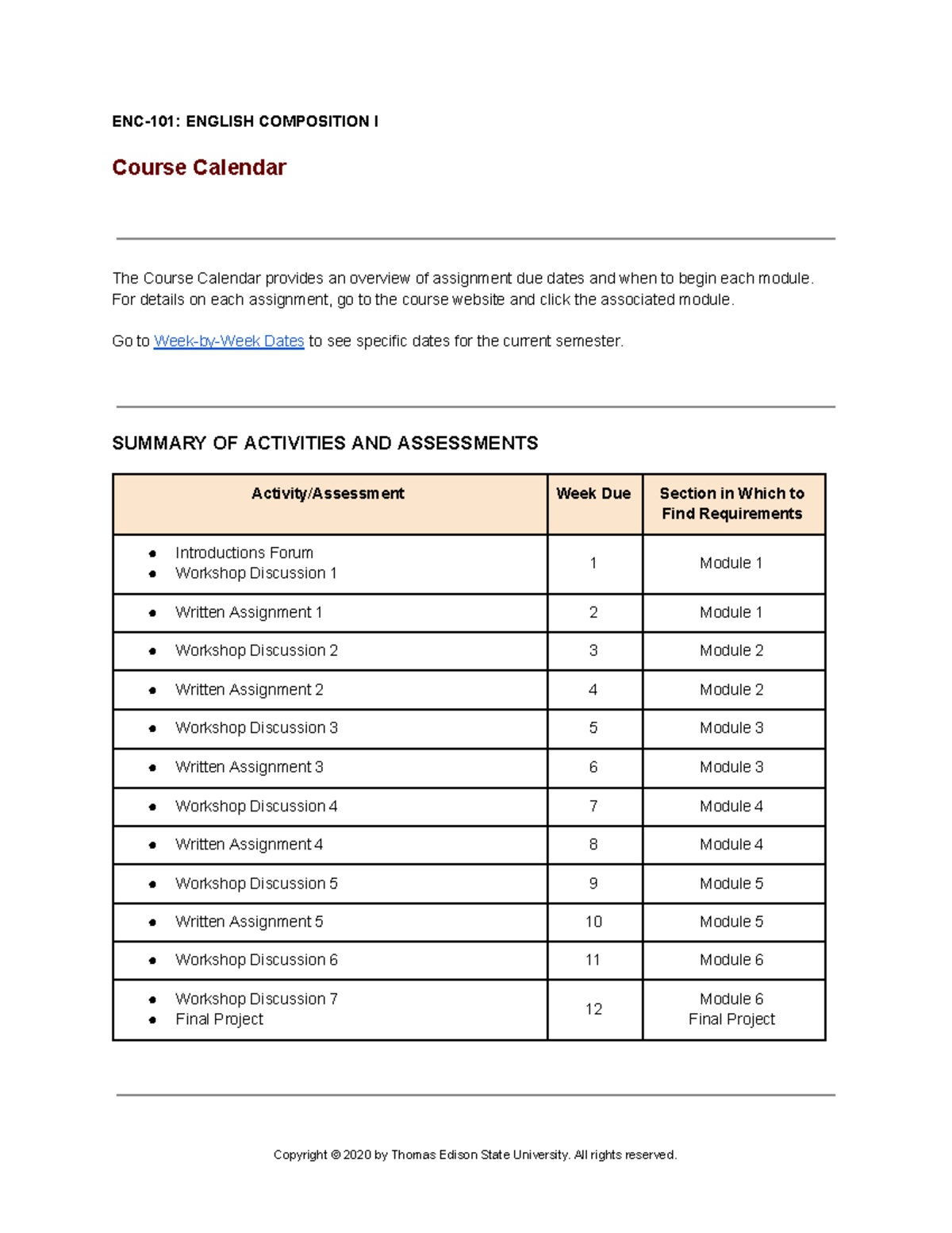 Calendar 12wk ENC101jun20 Google Docs ENC101 ENGLISH