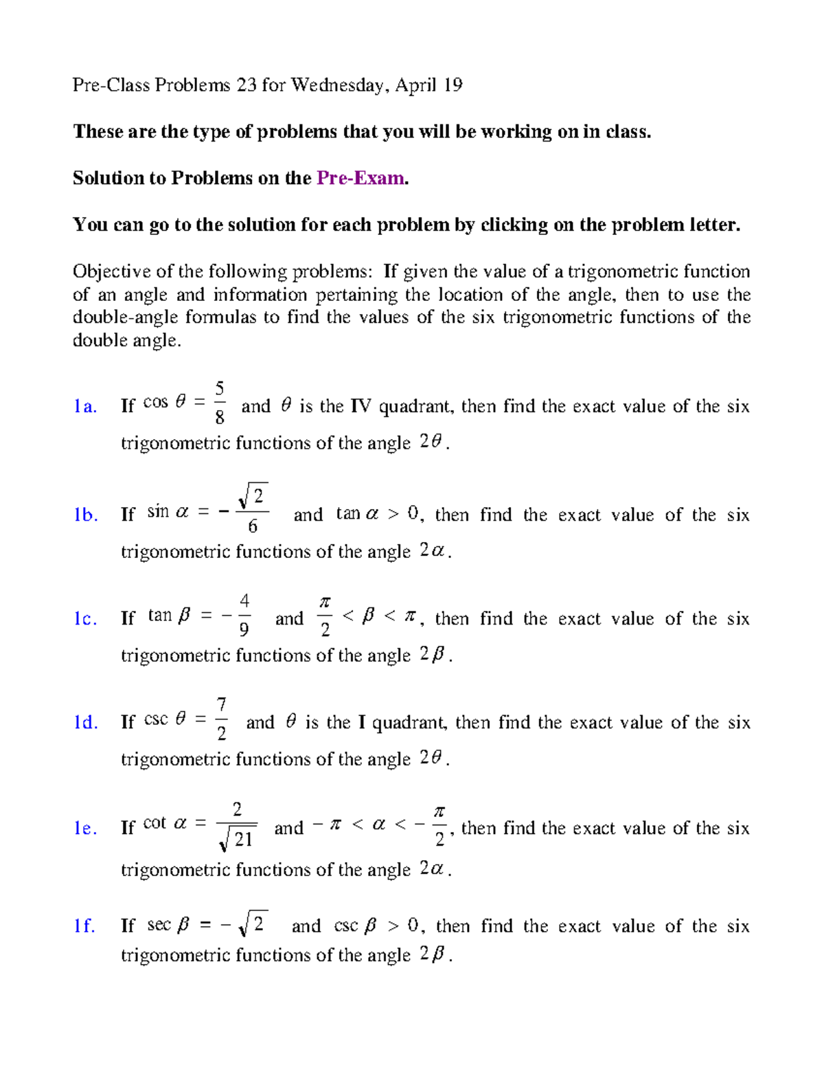 Problems 23MWF Pre Class Problems 23 For Wednesday April 19 These 