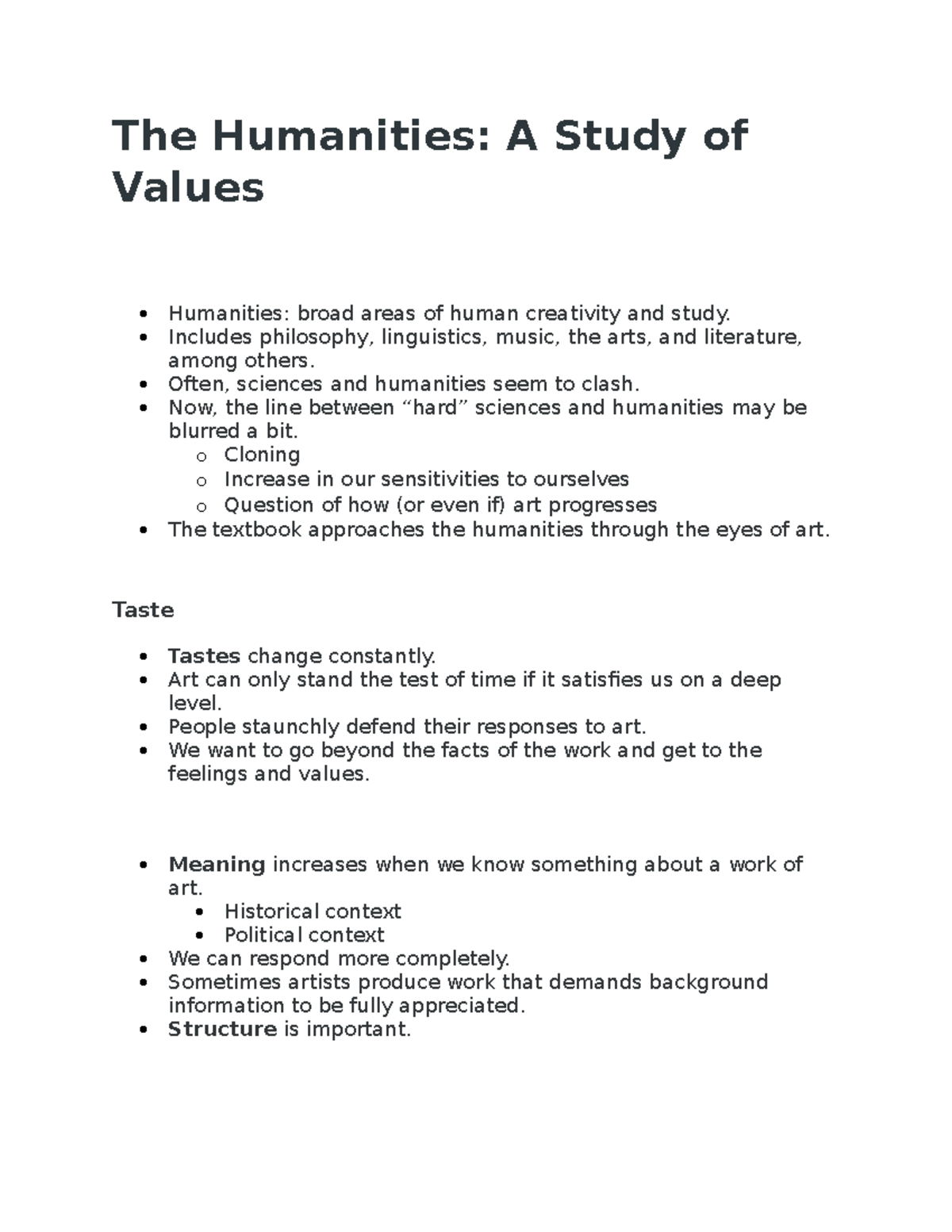 Chapter One Humanities - The Humanities: A Study Of Values Humanities ...