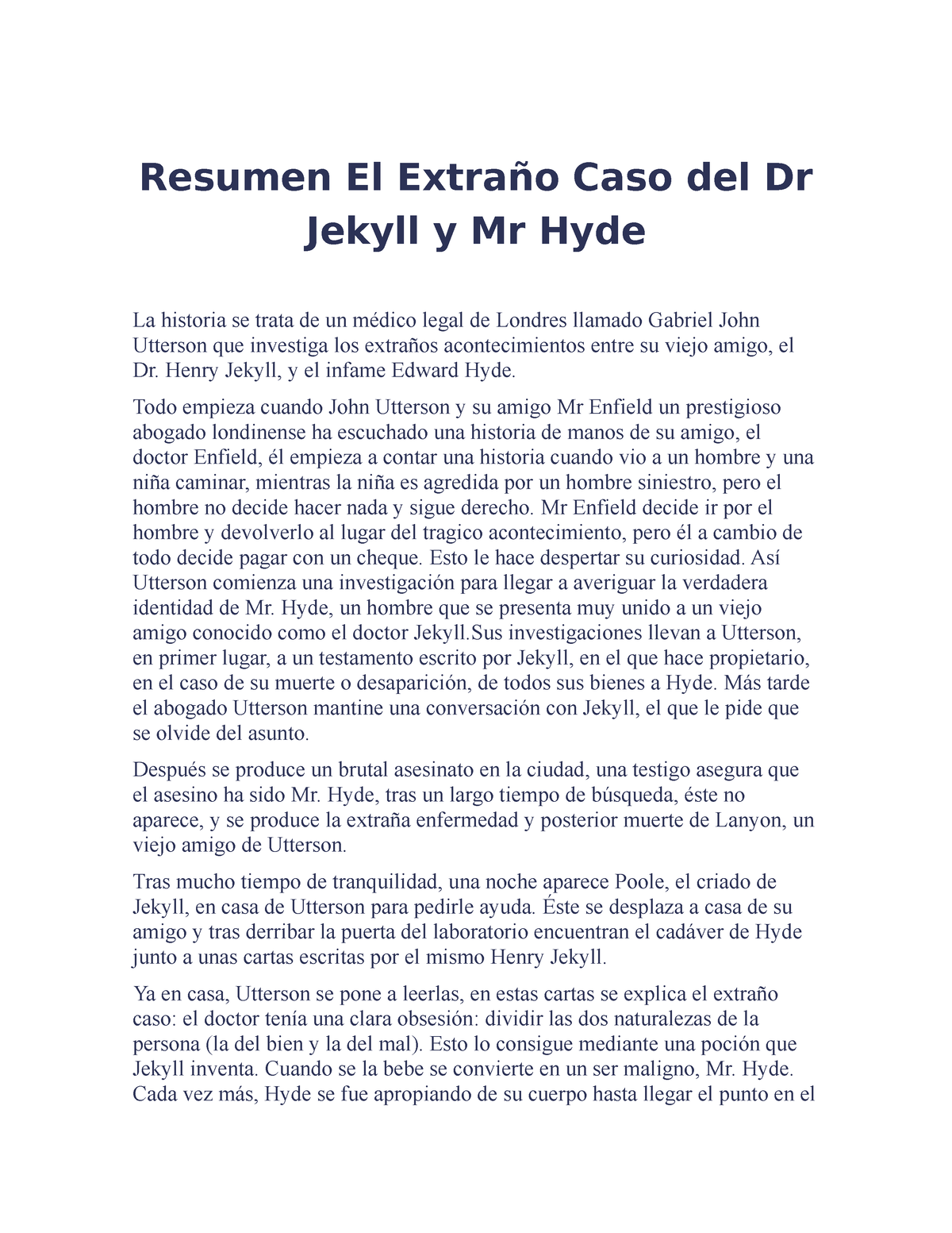 Resumen Libro El Extraño Caso Del Doctor Jekyll | PDF | Extraño Caso