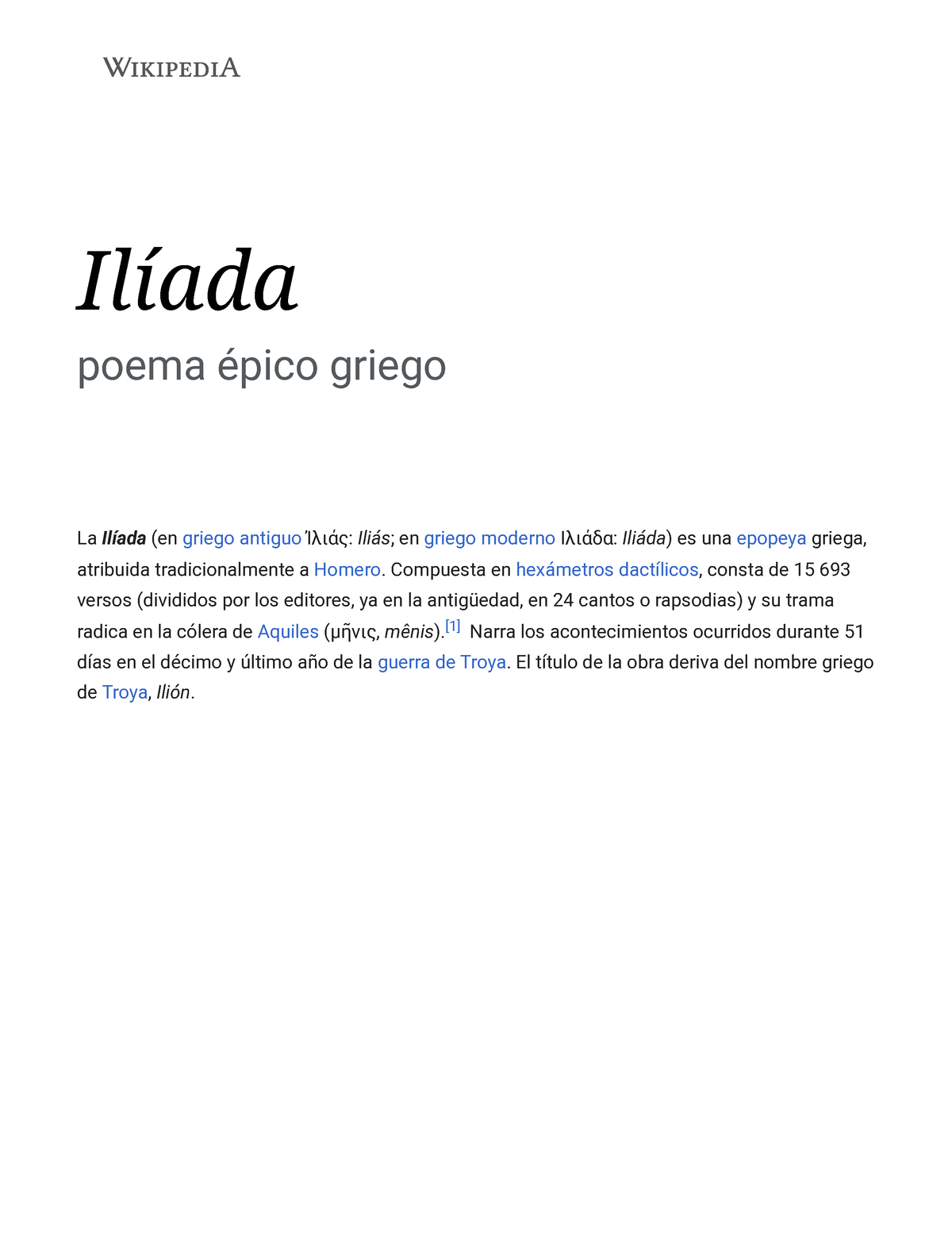 Ilíada - Wikipedia, La Enciclopedia Libre - Ilíada Poema épico Griego ...