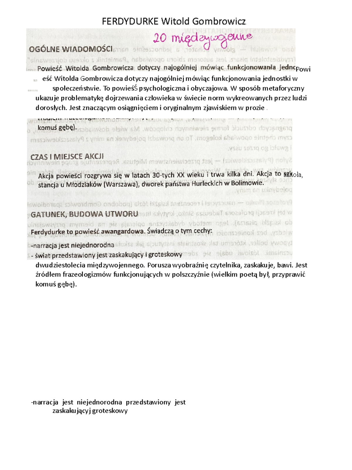 Ferdydurke omówienie FERDYDURKE Witold Gombrowicz Powi eść Witolda