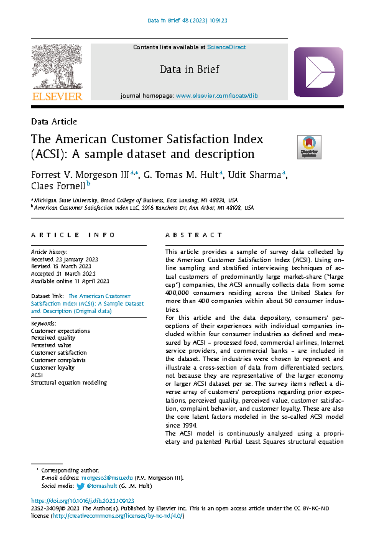 The American Customer Satisfaction Index ACSI A Sa - Data in Brief 48 ...