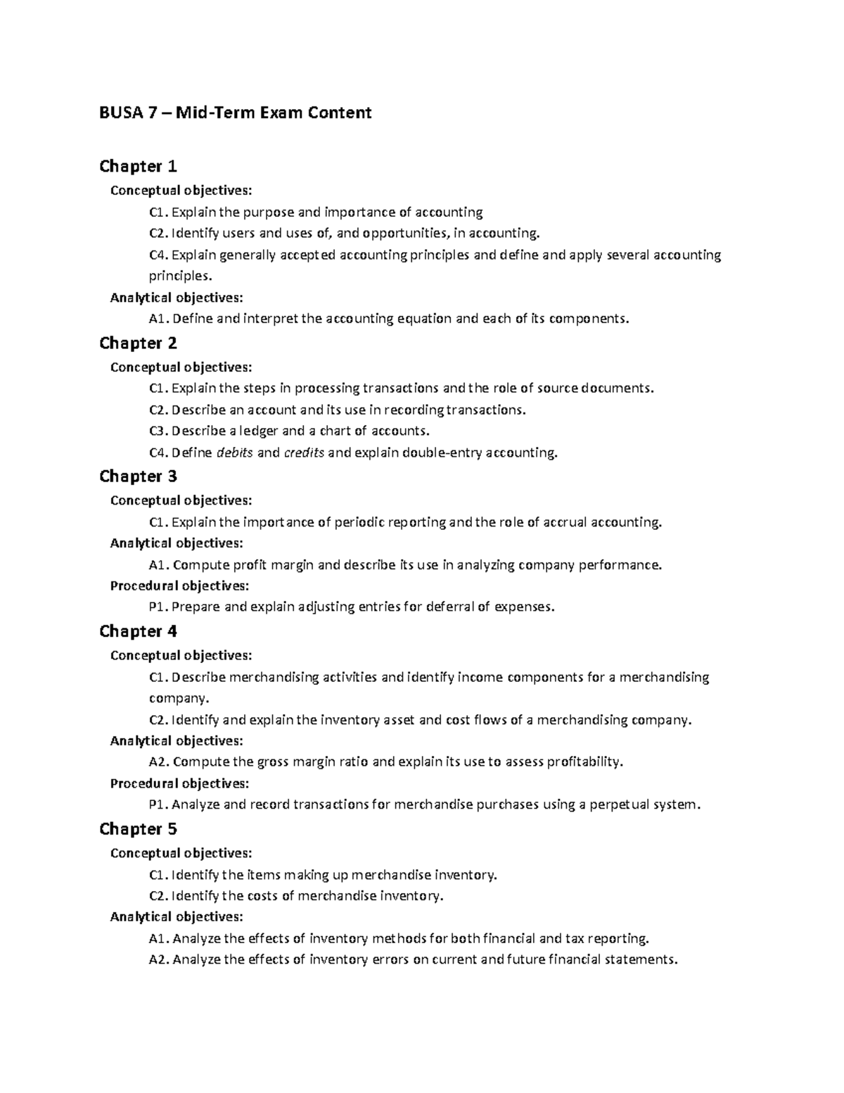 BUSA 7 - Mid-Term Exam Content - BUSA 7 – Mid-Term Exam Content Chapter ...