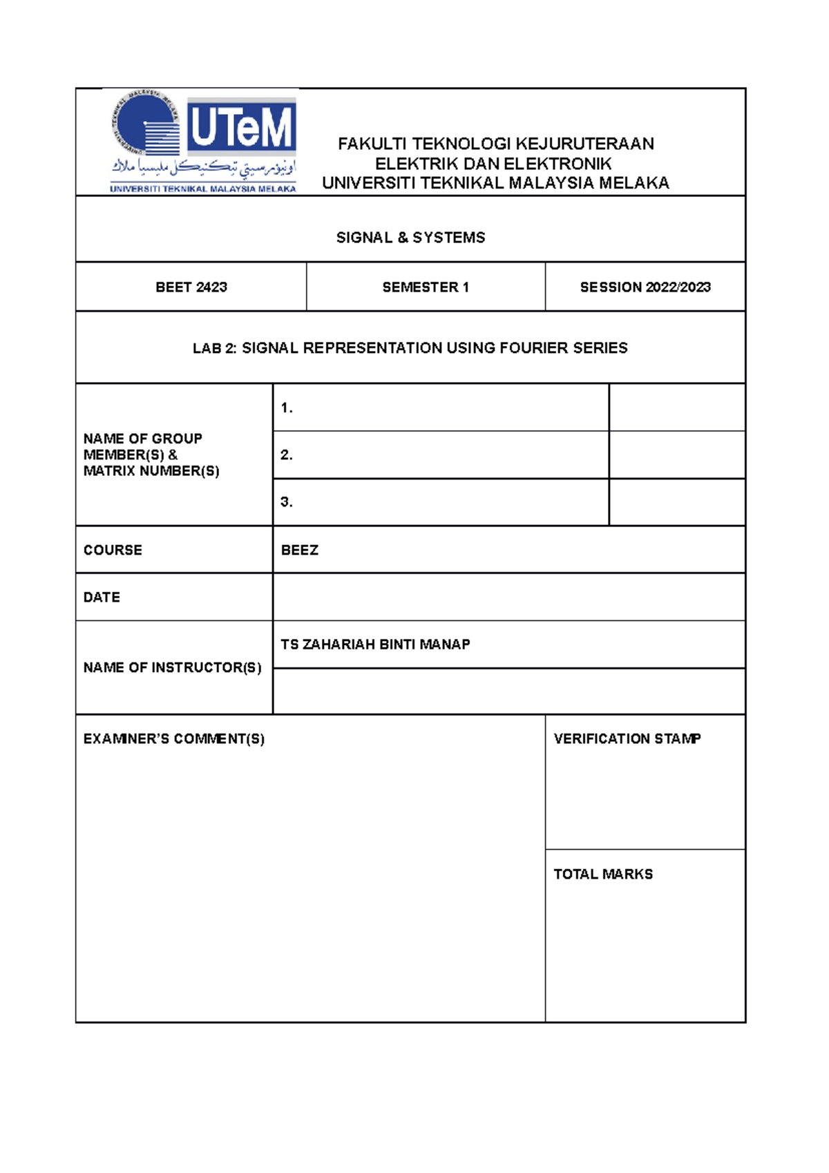 Lab 2- Fourier Series - lab2 - SIGNAL & SYSTEMS BEET 2423 SEMESTER 1 ...