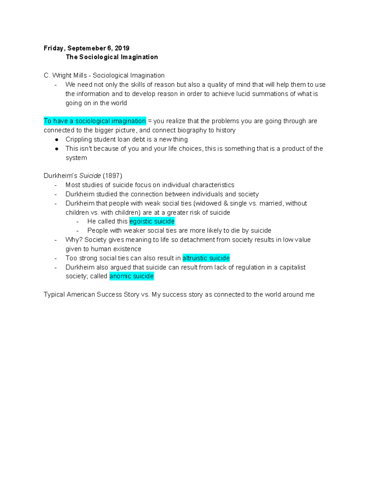 Week 2 - The Sociological Imagination - Friday, Septemeber 6, 2019 The ...