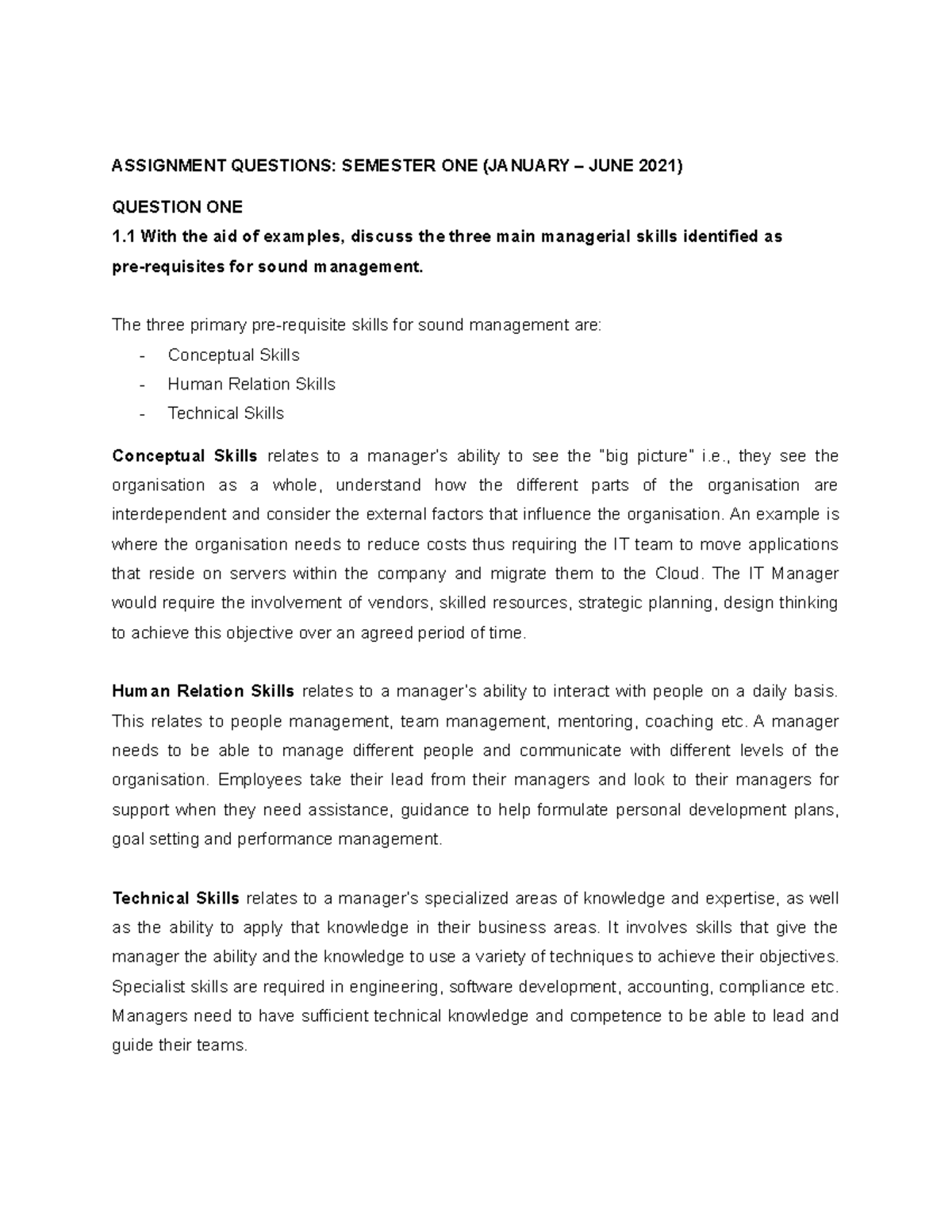 Assignment Business Management - ASSIGNMENT QUESTIONS: SEMESTER ONE ...