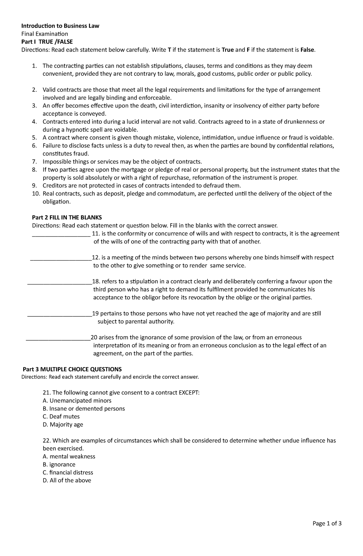 BL 101 Obli Con 2020 - None - Introduction to Business Law Final ...